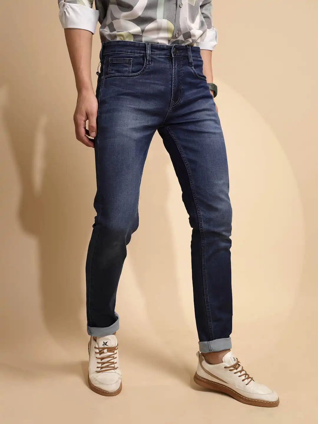 Solid Blue Mid Rise Cotton Blend Folding Jeans - Global Republic