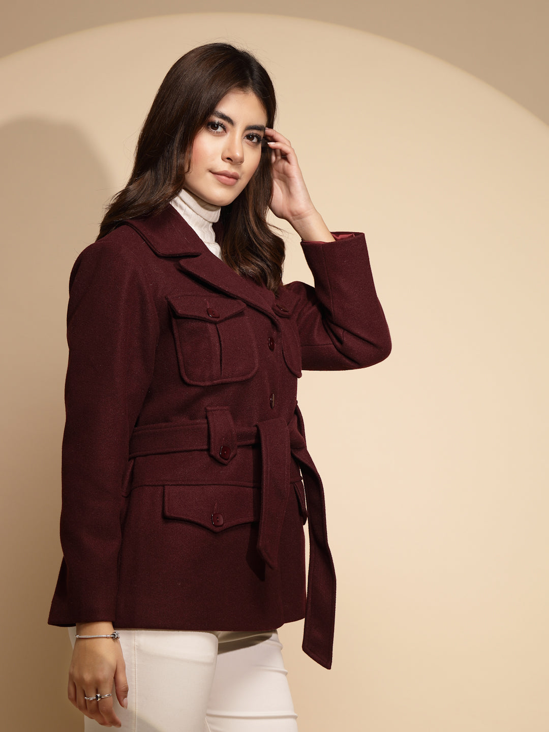 Wine Solid Knitted Wrap Coat - Global Republic
