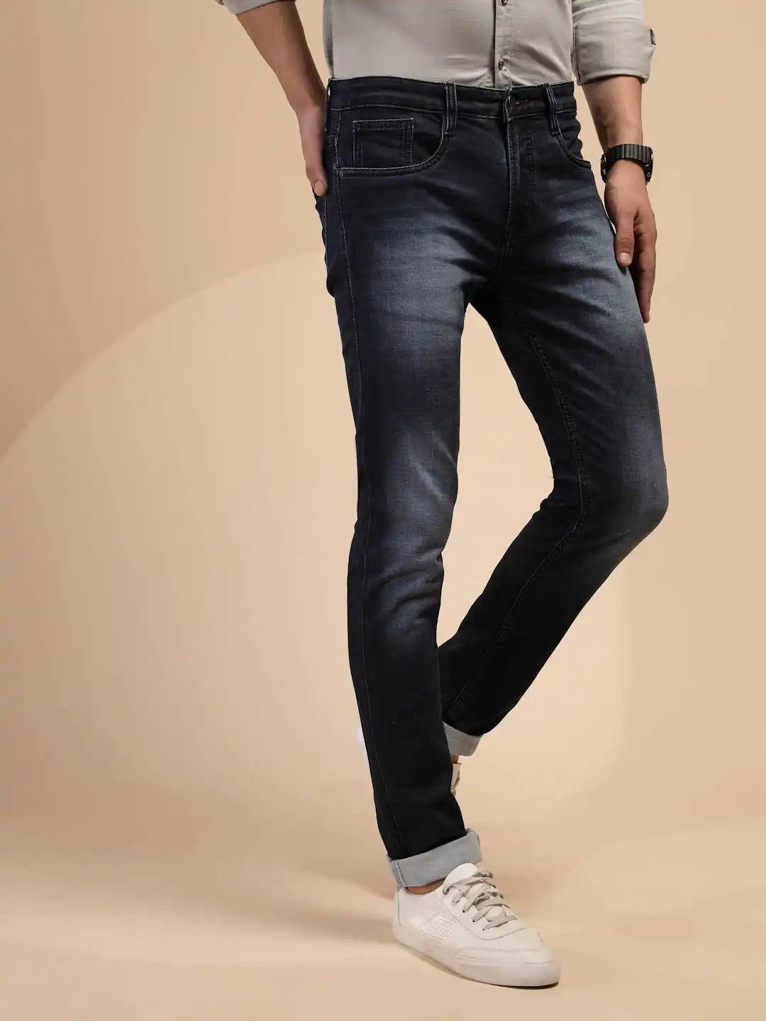 Solid Blue Mid Rise Cotton Blend Slim fit Jeans - Global Republic