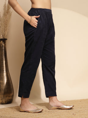Blue Solid Cotraise Mid Rise Loose fit Pants For Women
