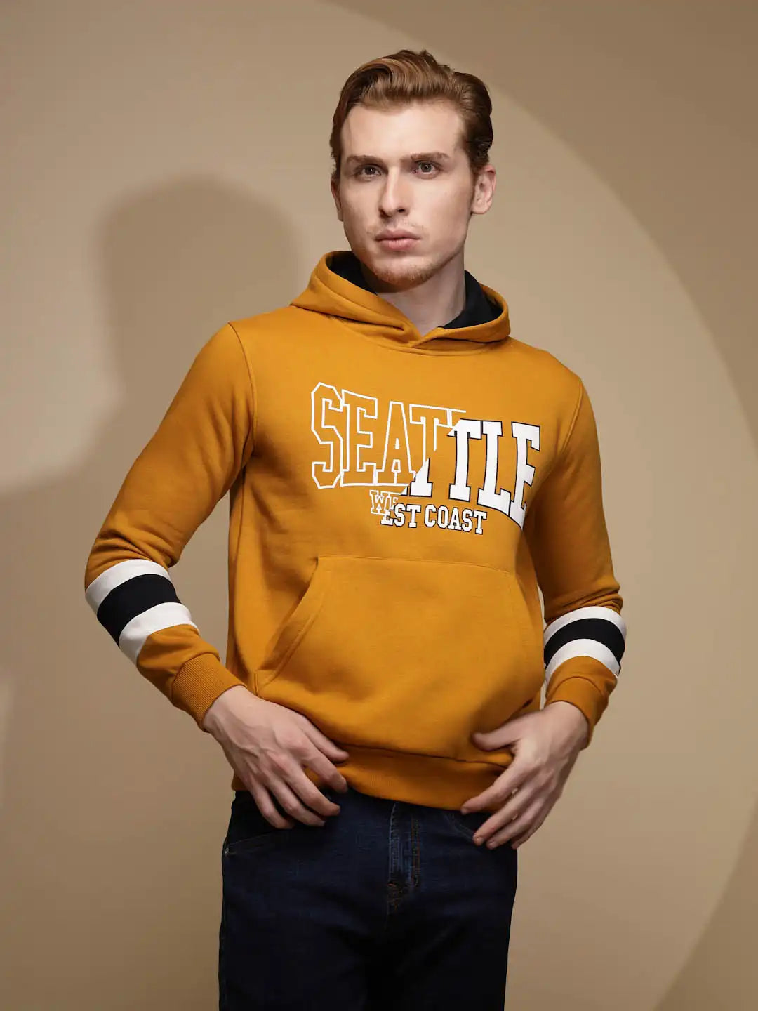 Mustard Solid Hosiery Hooded Sweatshirt - Global Republic