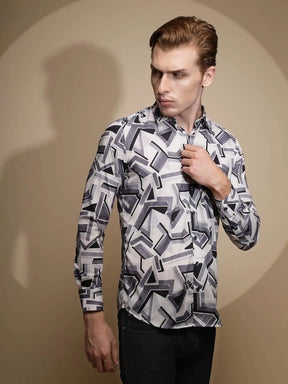 Black & White Abstract Print Full Sleeve Satin Lycra Shirt