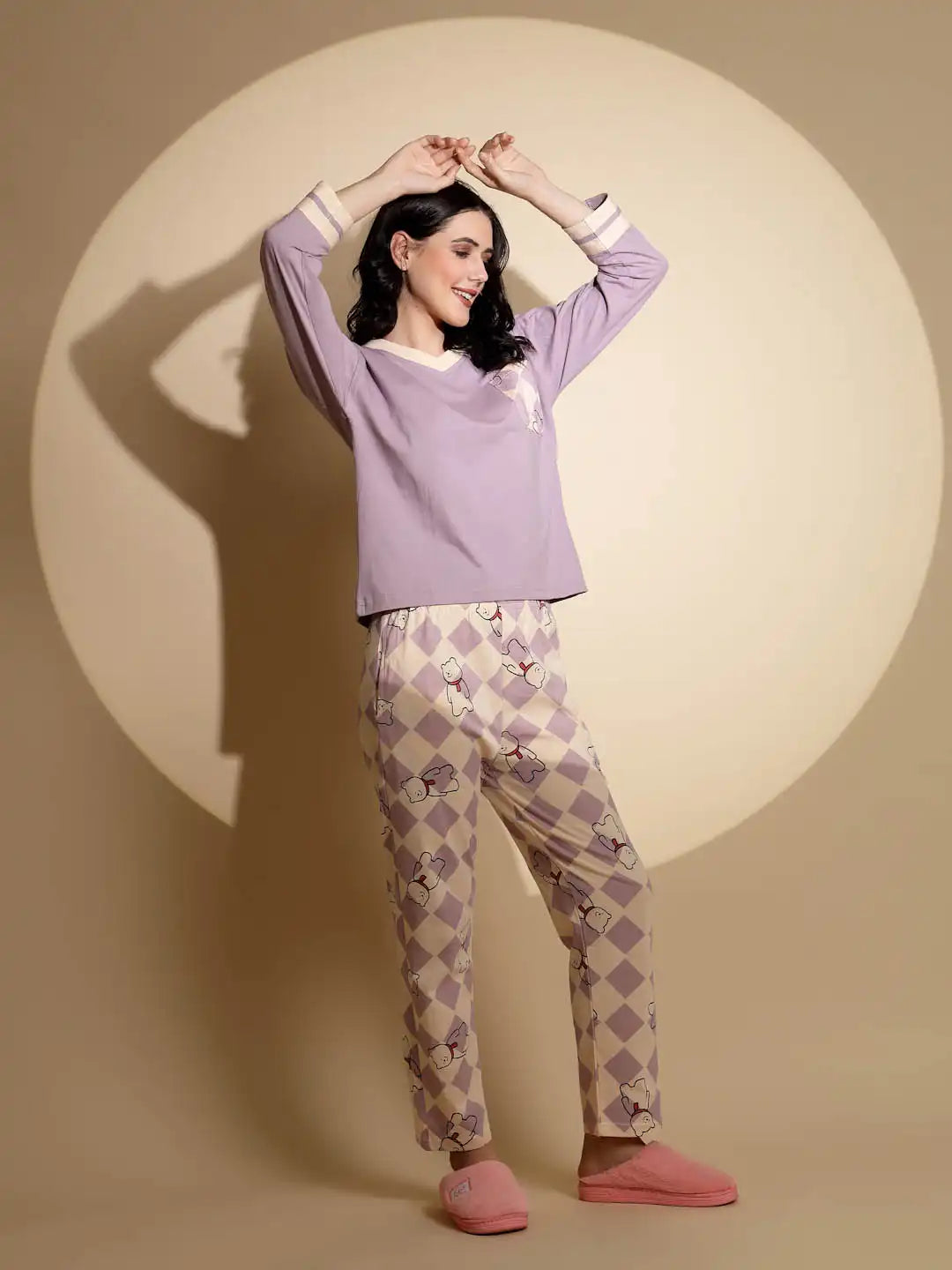 Lavender Hosiery Solid Top & Pyjama Night Suit Set - Global Republic