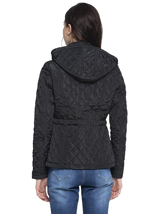 Women Black Hooded Straight Fit Jacket - Global Republic