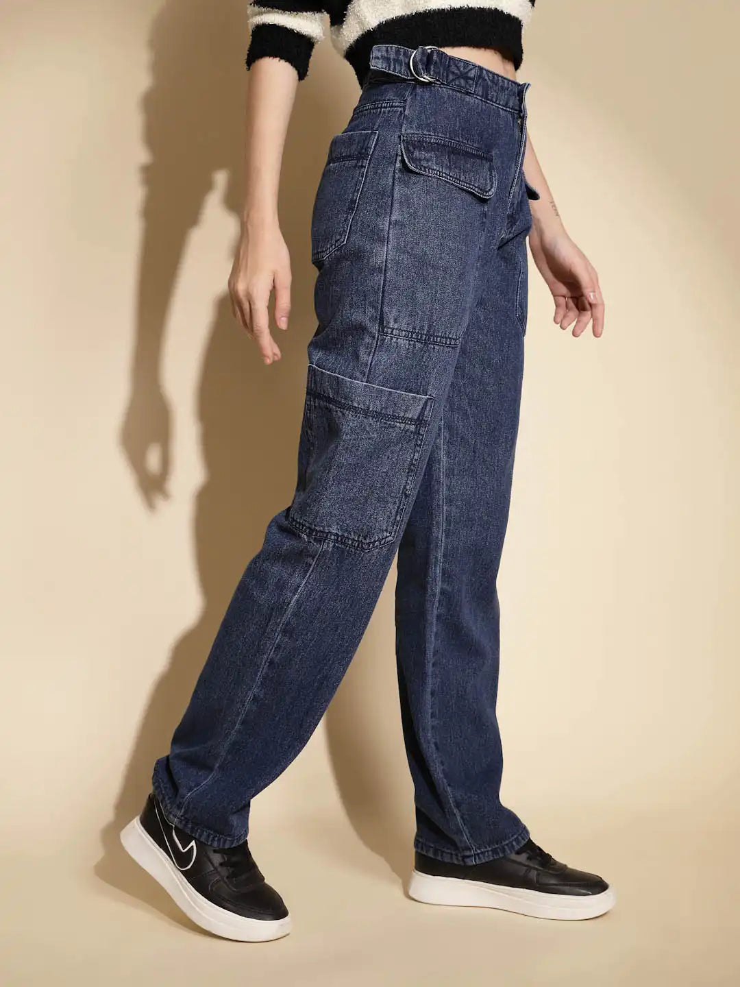 Blue Solid Relaxed fit High Rise jeans - Global Republic