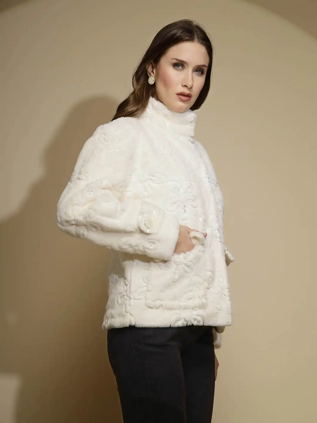 White Embroidered Full Sleeve Turtle Neck Woolen Jacket - Global Republic