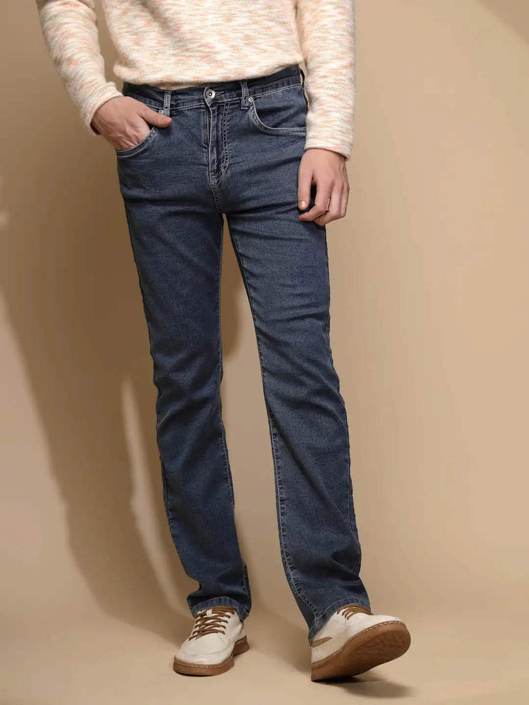 Medium Blue Solid Mid Rise Full Length Straight Slim Fit Cotton Blend Jeans - Global Republic
