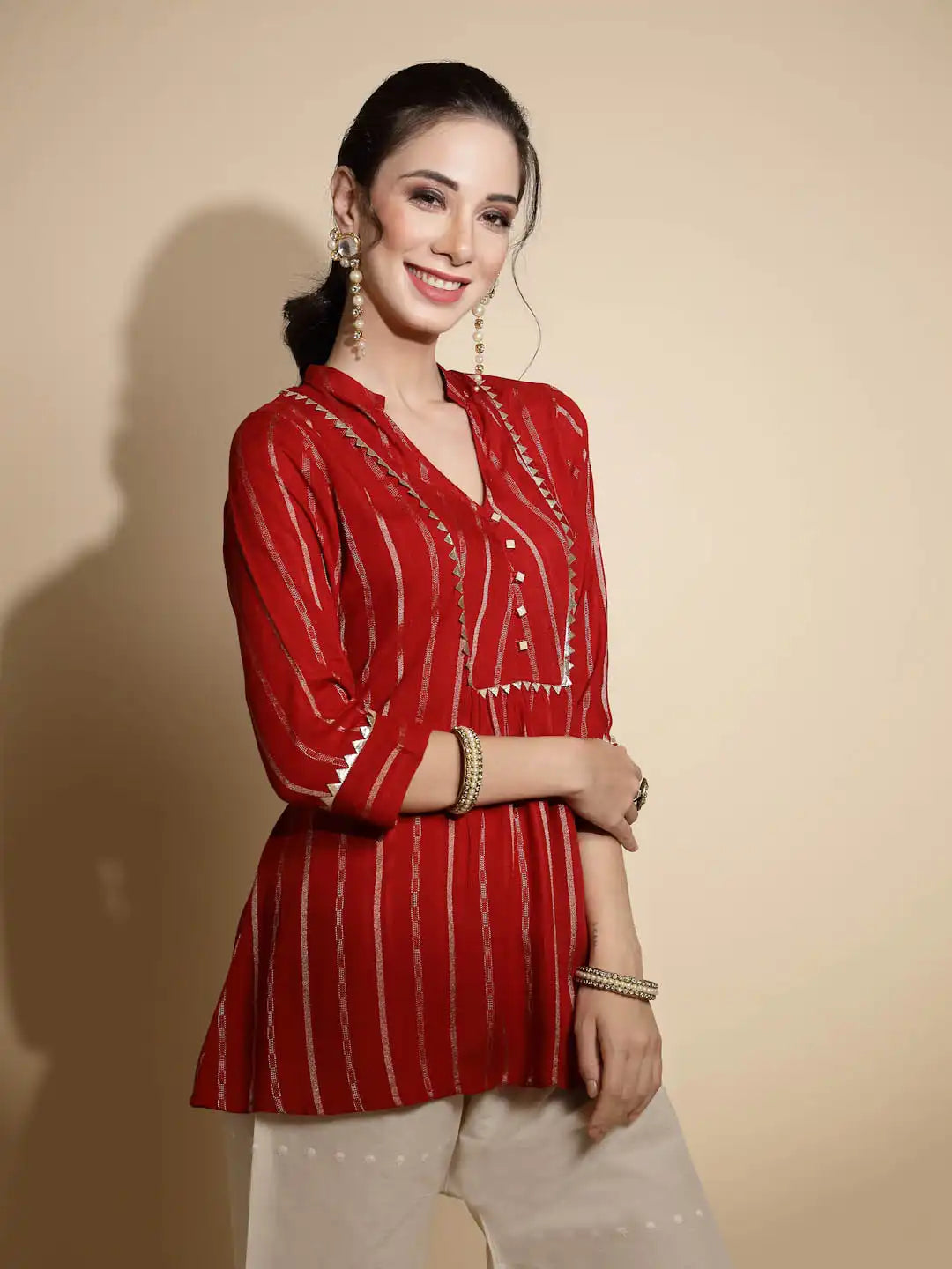 Red Printed Three Quarter Sleeves Mandarin Collar Tunic - Global Republic
