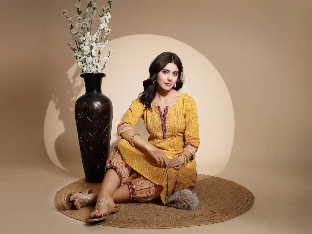 Yellow Embellished Three Fourth Sleeve V Neck Cotton Kurta Set - Global Republic