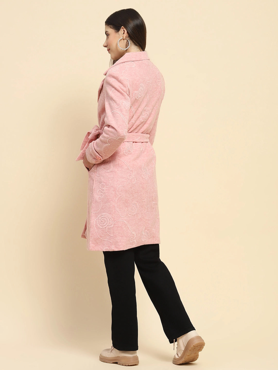Pink Self Design Long Winter Coat - Global Republic
