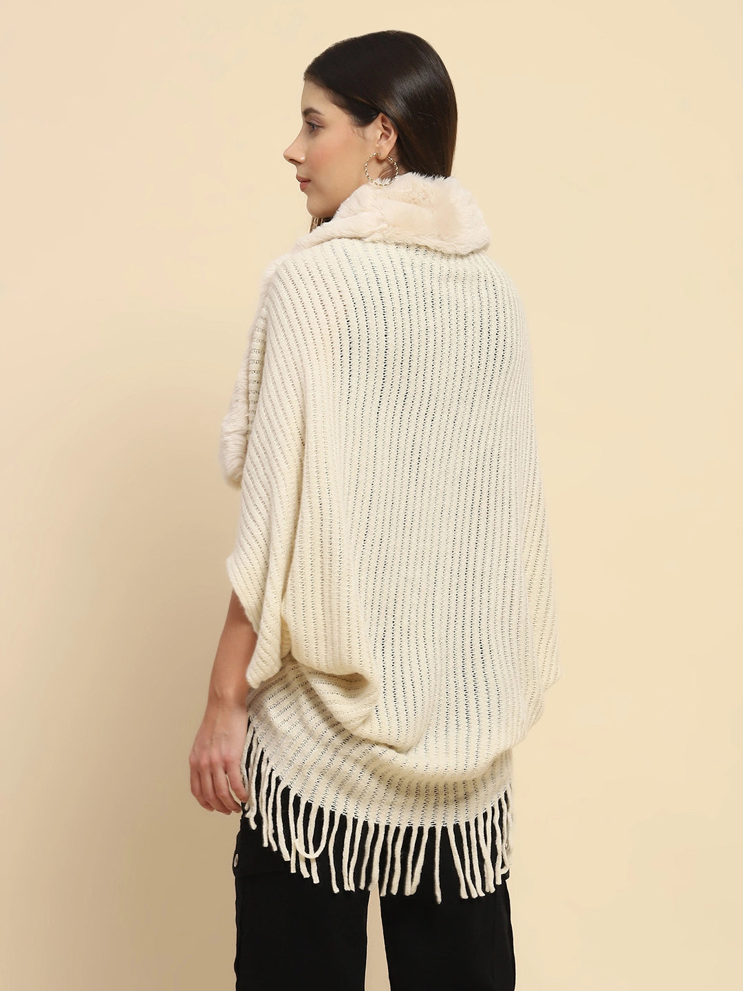 Off White Acrylic Knitted Relaxed Fit Cape - Global Republic