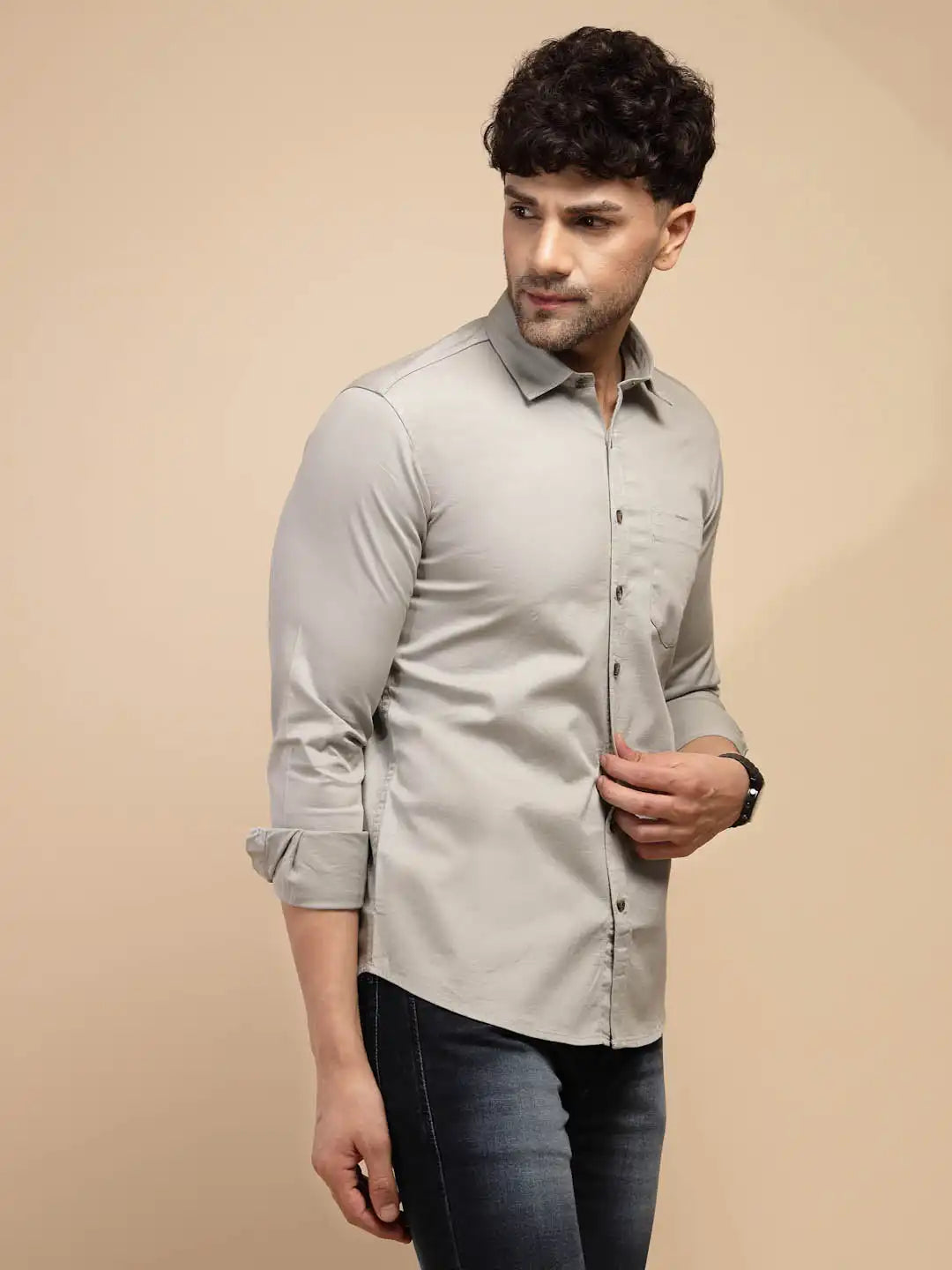 Grey Solid Full Sleeve Collared Neck Cotton Blend Shirt - Global Republic