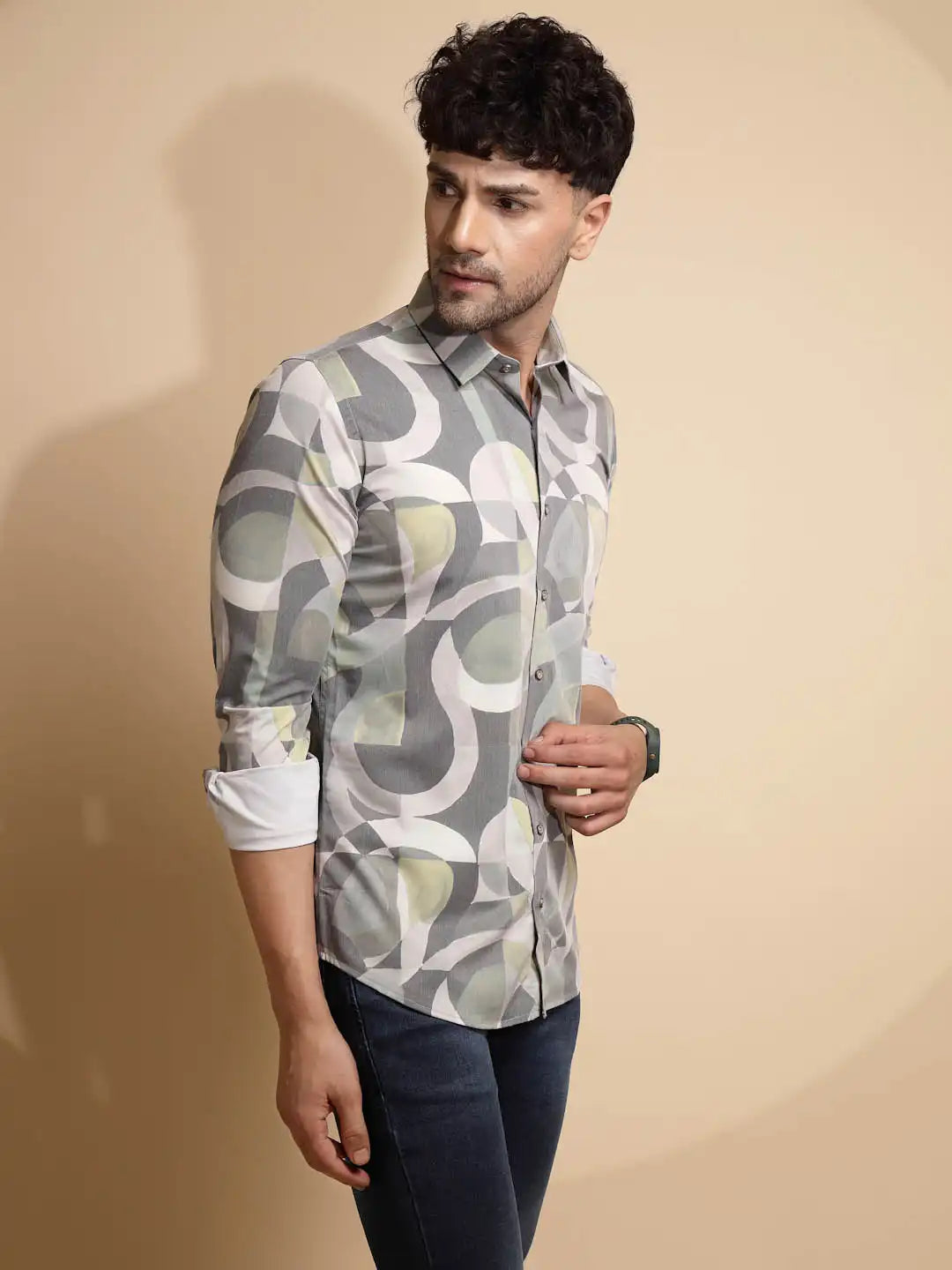 Grey Printed Full Sleeve Collared Neck Blend Shirt - Global Republic