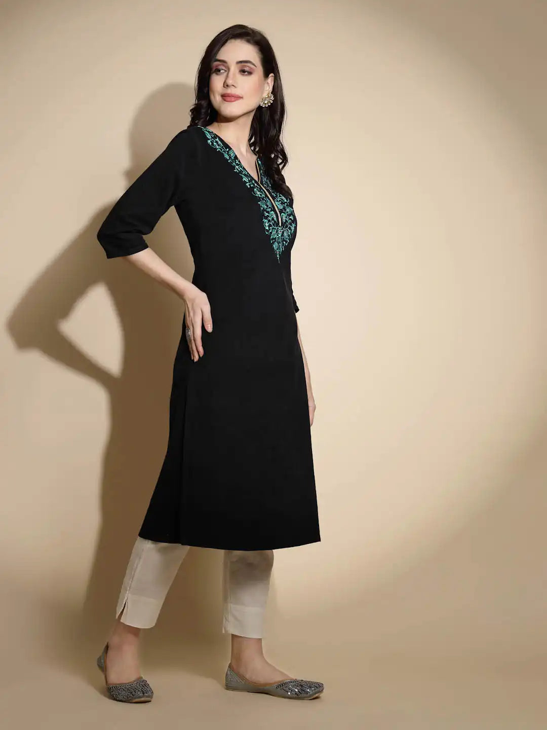 Black Embroidered Woolen Kurta - Global Republic