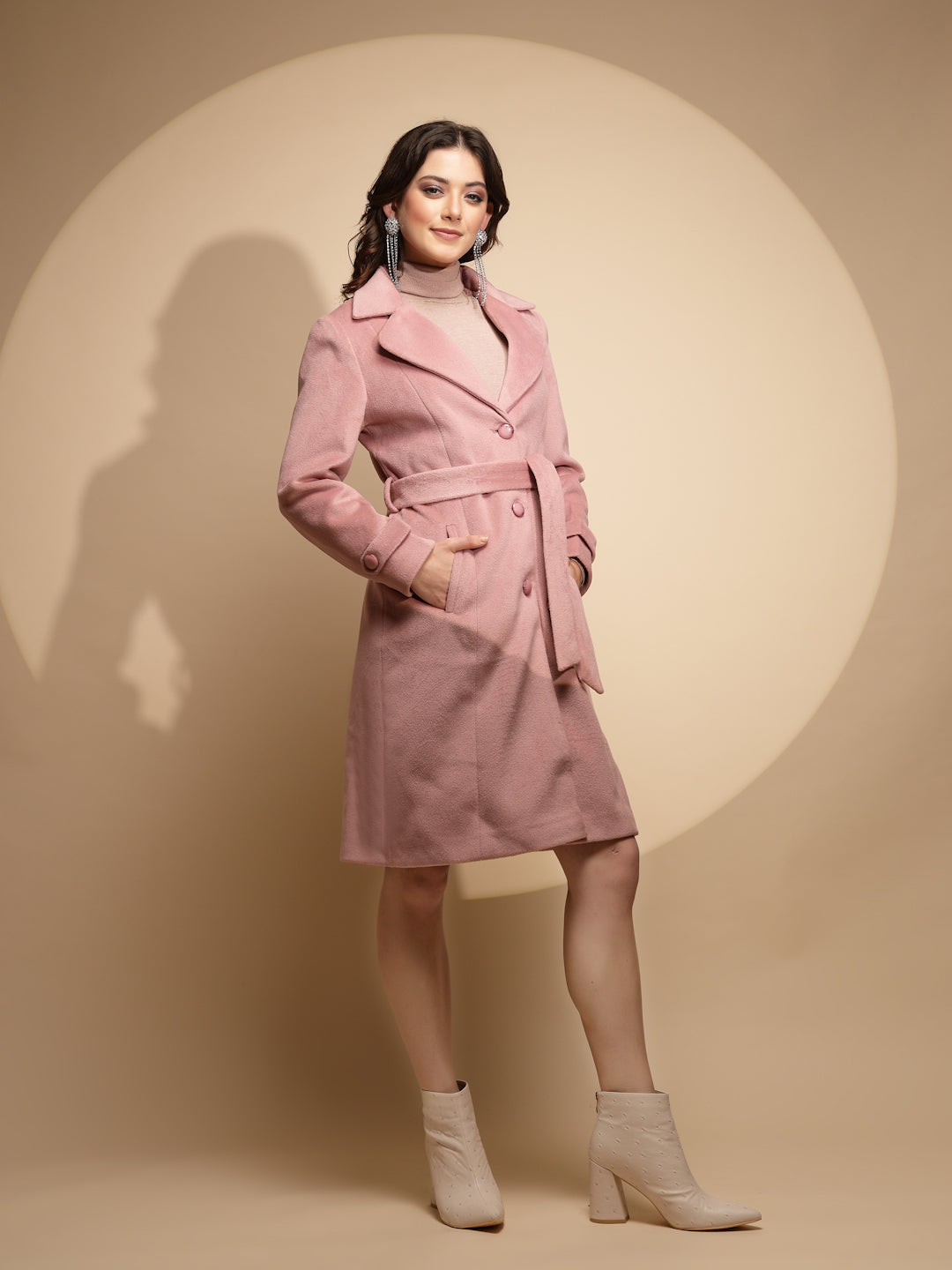 Women Dusty Pink Solid Collared Neck Full Sleeve Woolen Long Coat - Global Republic