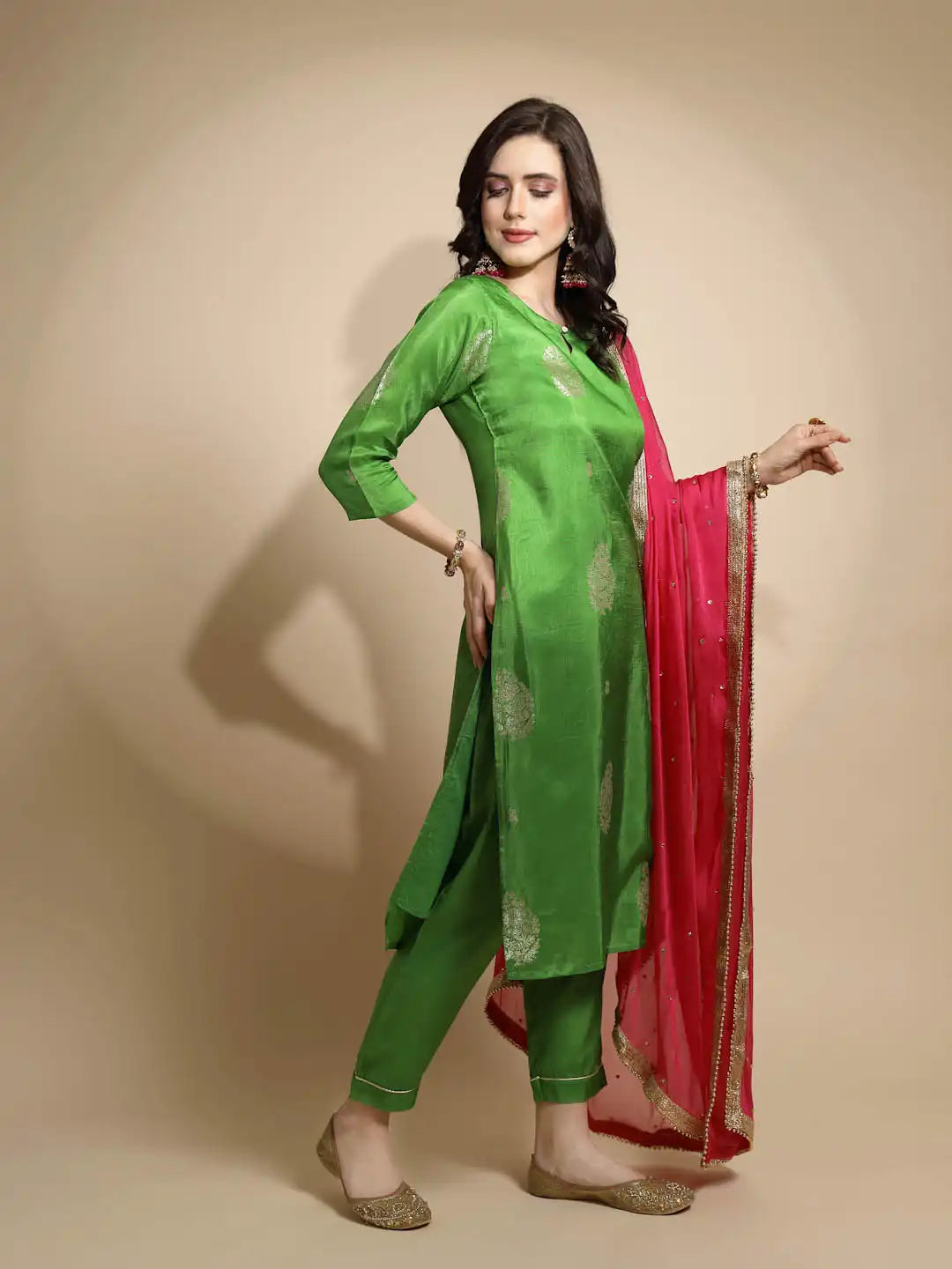 Green Foil Printed Silk Kurta Bottom Set With Dupatta - Global Republic