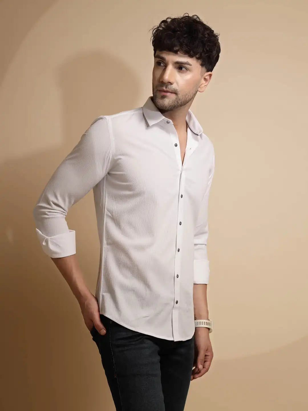 White Solid Full Sleeve Collared Neck Shirt - Global Republic