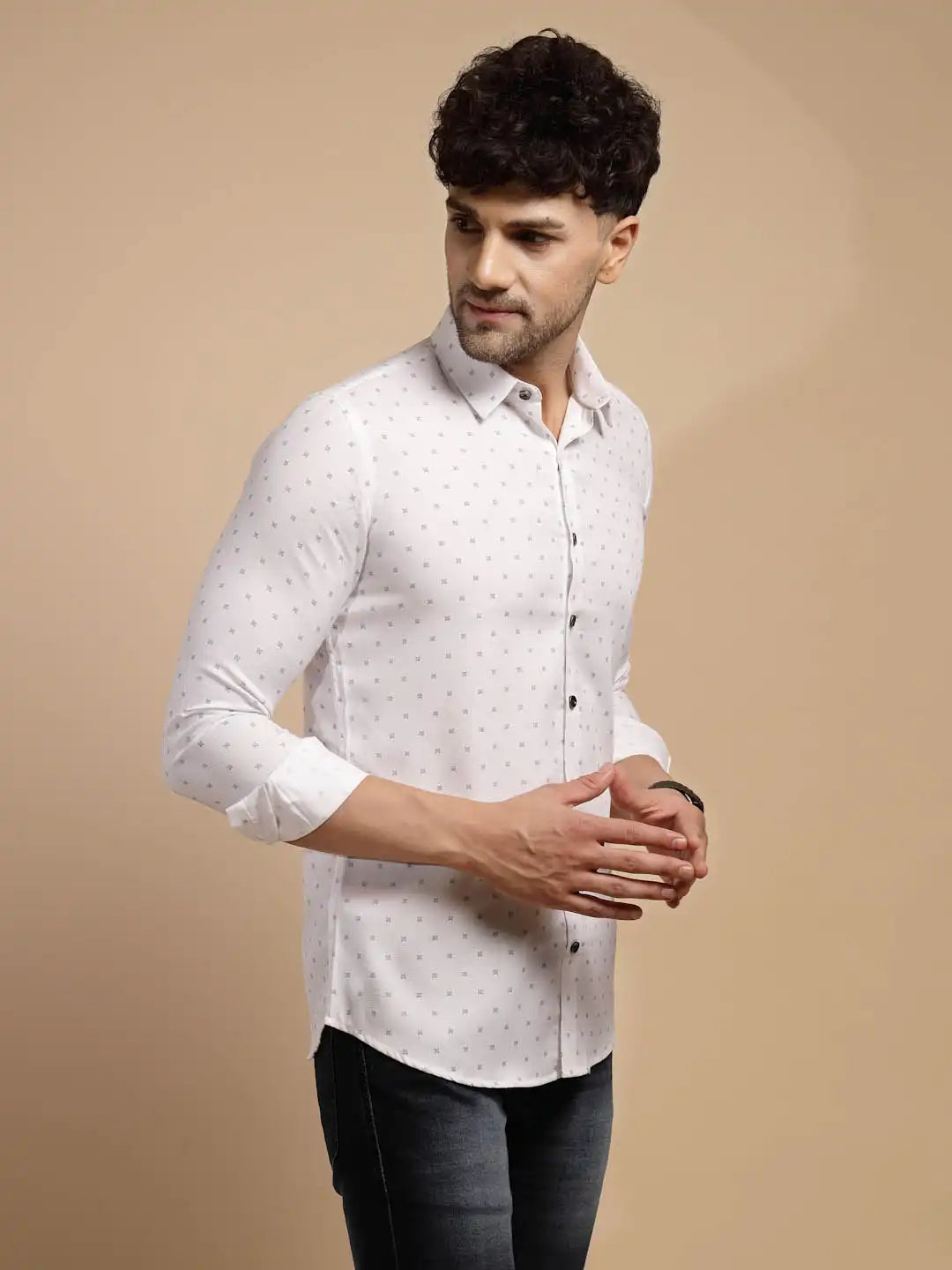 White Printed Full Sleeve Collared Neck Shirt - Global Republic