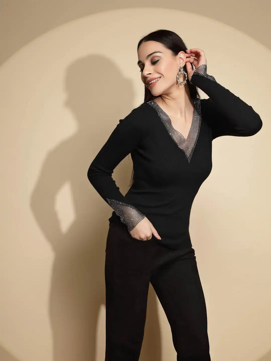 Black Embellished Full Sleeve V-Neck Casual Pullover - Global Republic