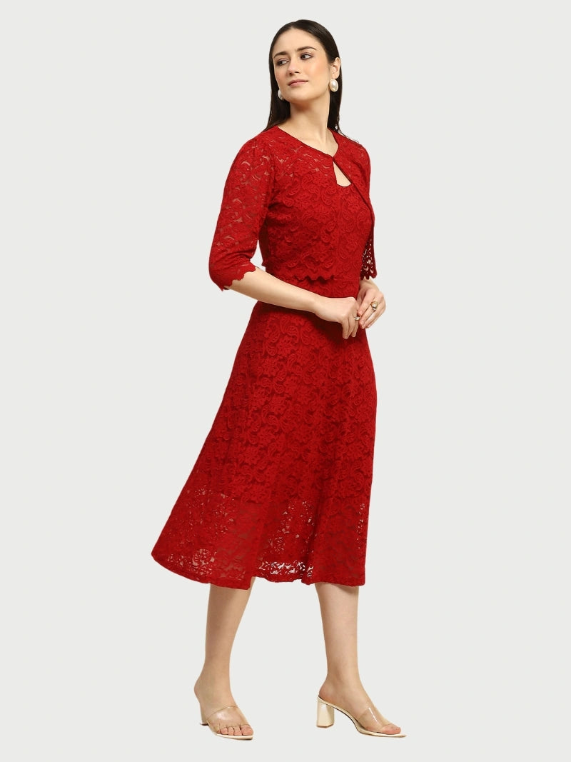 Maroon Floral Lace Fit & Flare Dress - Global Republic