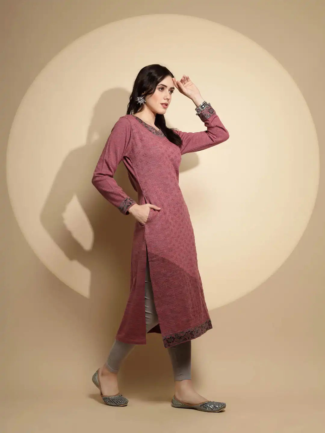Pink Embellished Full Sleeve Crew Neck Woolen Kurta - Global Republic