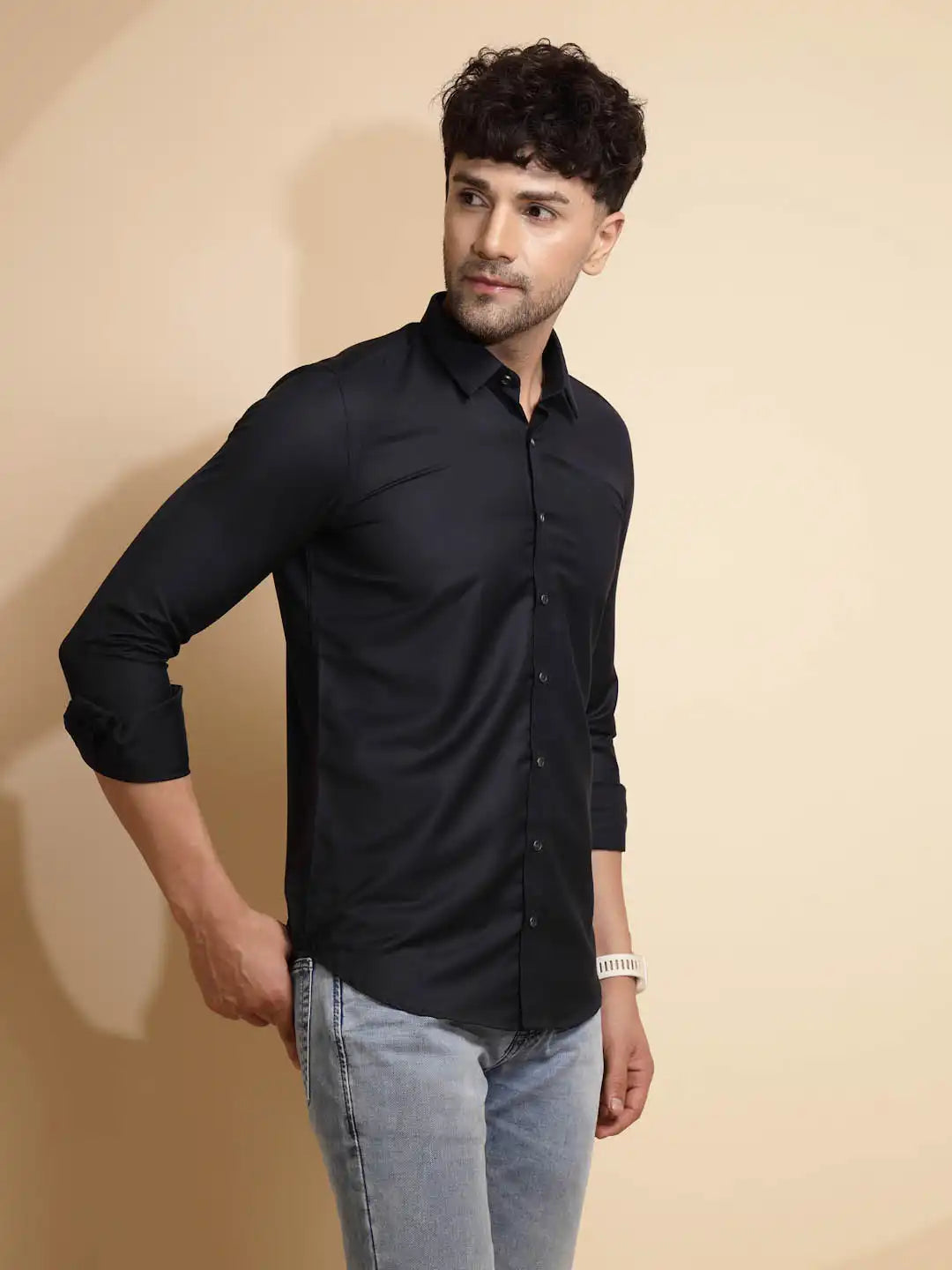Blue Solid Full Sleeve Collar Neck Cotton Blend Shirt - Global Republic
