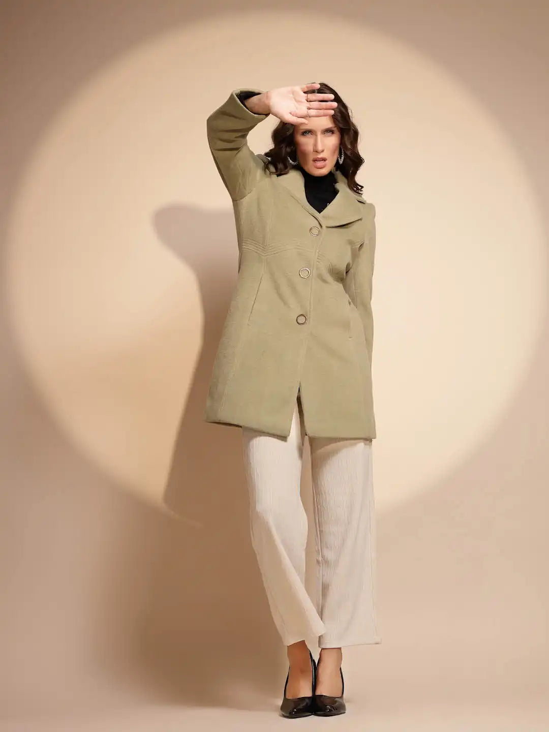 Women's Solid Collared Neck Green Blazer - Global Republic