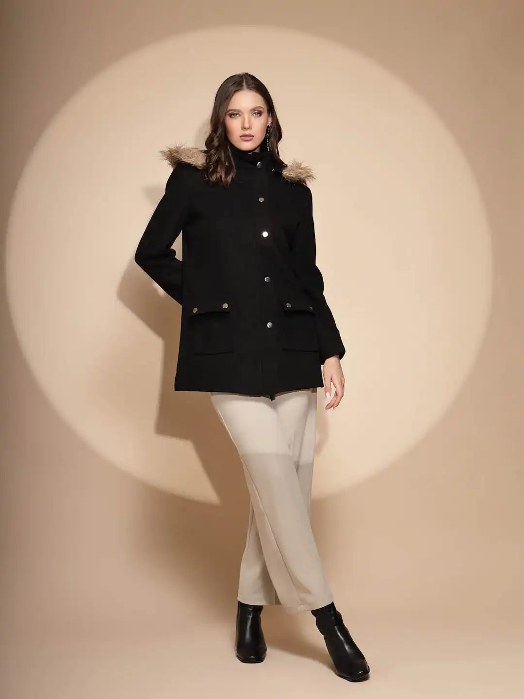 Black Solid Hooded Coat - Global Republic