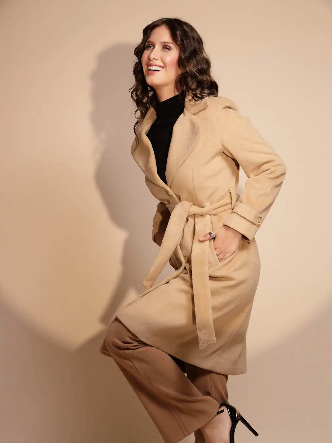 Brown Solid Tweed Coat - Global Republic
