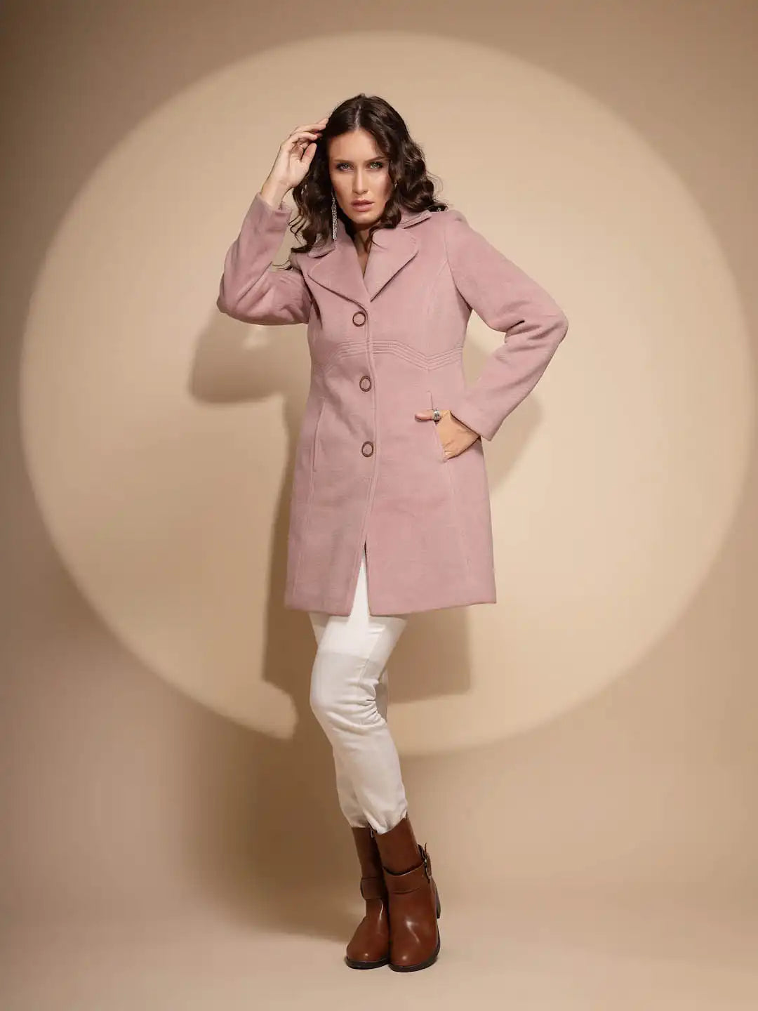 Women's Solid Full Sleeve Pink Long Coat - Global Republic