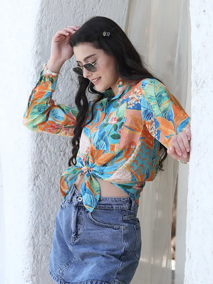 Orange Tropical Print Rayon Blend Shirt - Global Republic
