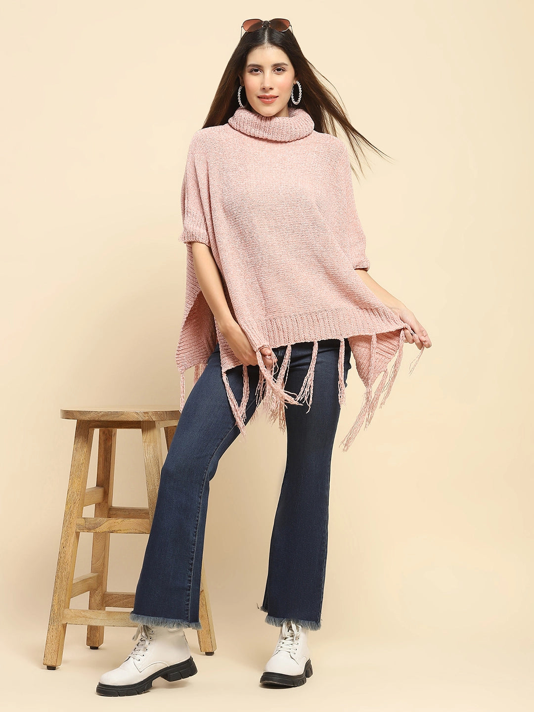 Pink Wool Blend Knit Loose Poncho - Global Republic
