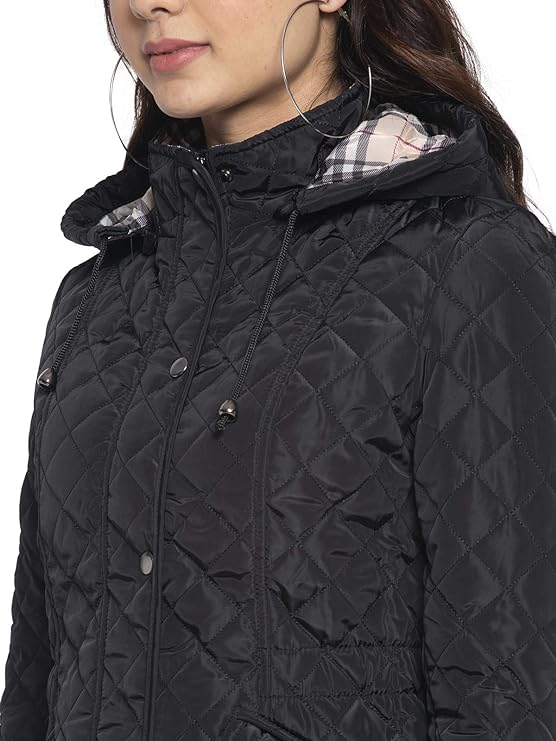 Women Black Hooded Straight Fit Jacket - Global Republic