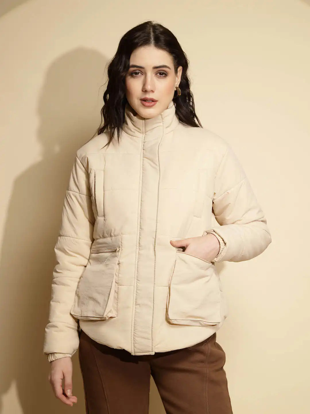 Beige Solid Puffer Jacket - Global Republic