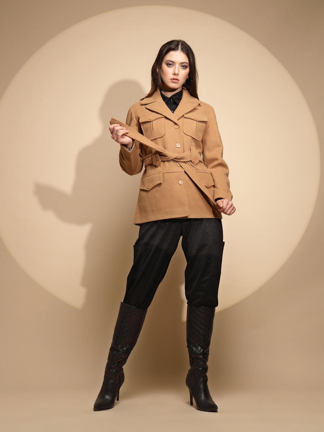 Brown Solid Knitted Wrap Coat - Global Republic