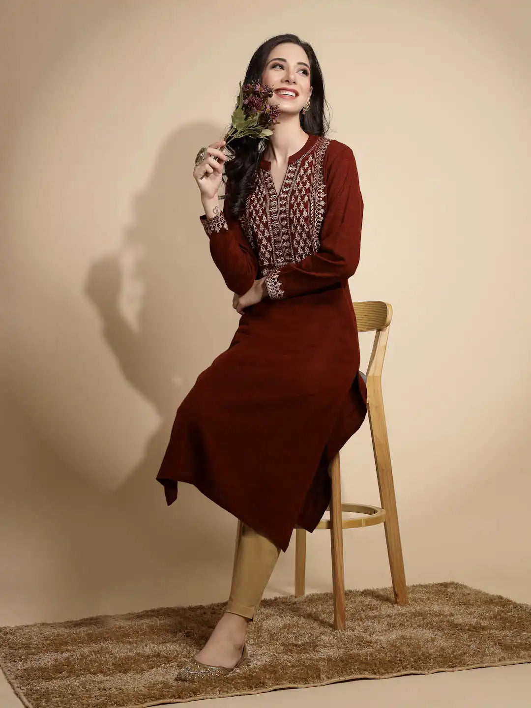 Rust Embroidered Full Sleeve Collared With V-Neck Woolen Kurta - Global Republic
