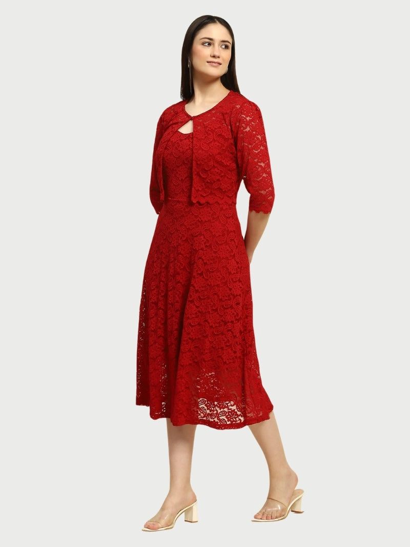 Maroon Floral Lace Fit & Flare Dress - Global Republic