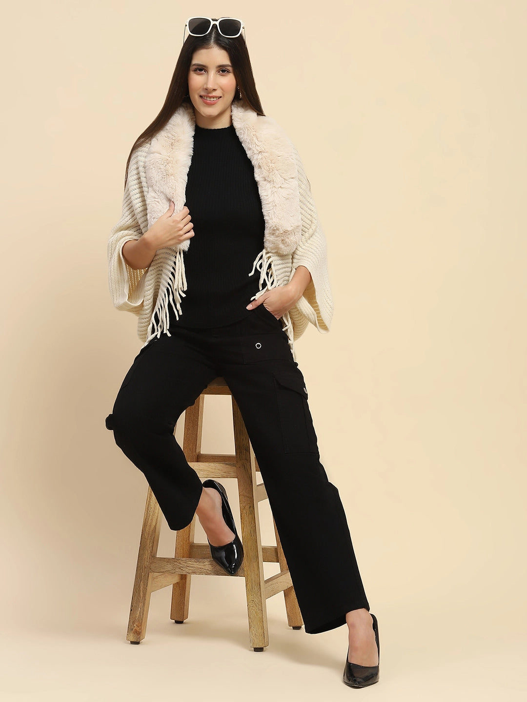 Off White Acrylic Knitted Relaxed Fit Cape - Global Republic