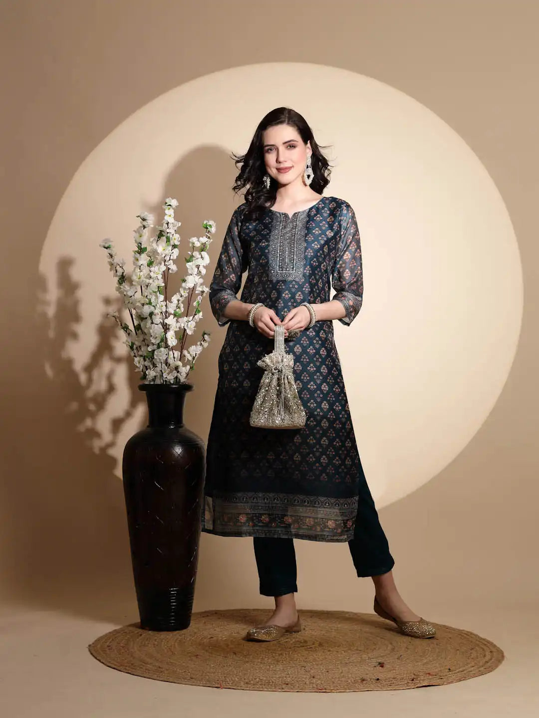 Blue Embroidery Print Three Fourth Sleeve Cotton Kurta Set - Global Republic