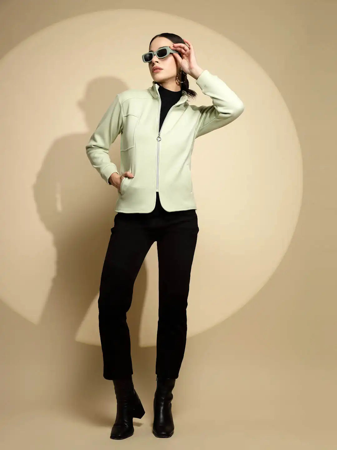Green Solid Full Sleeve Turtle Neck Fleece Sweatshirt - Global Republic