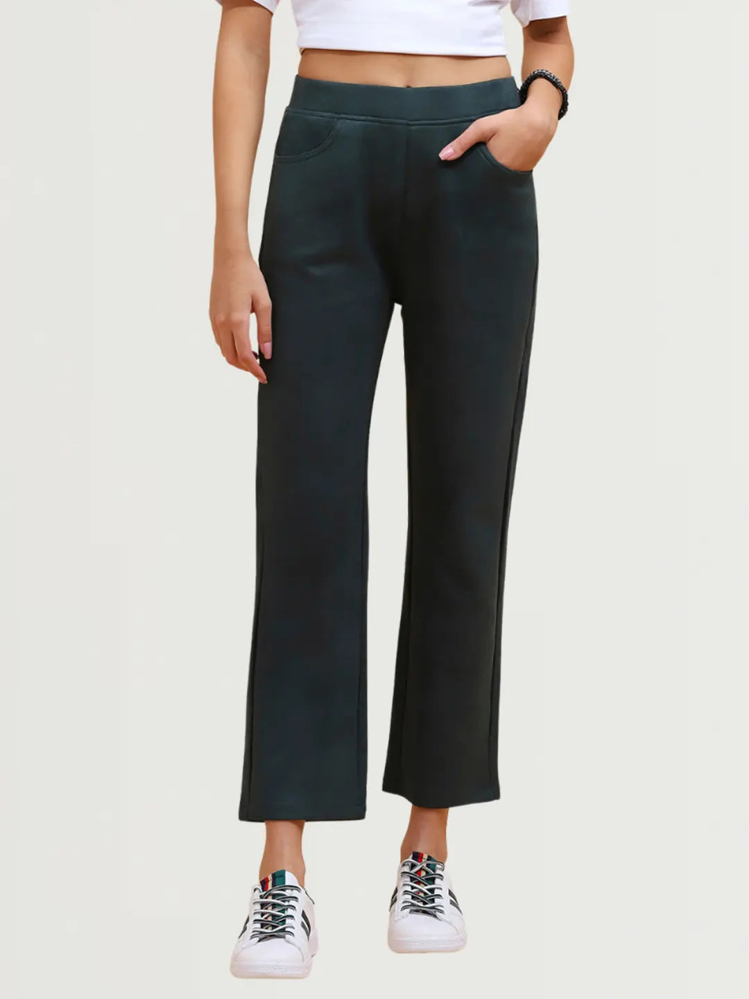 Green Solid Straight Fit Suede Jegging - Global Republic