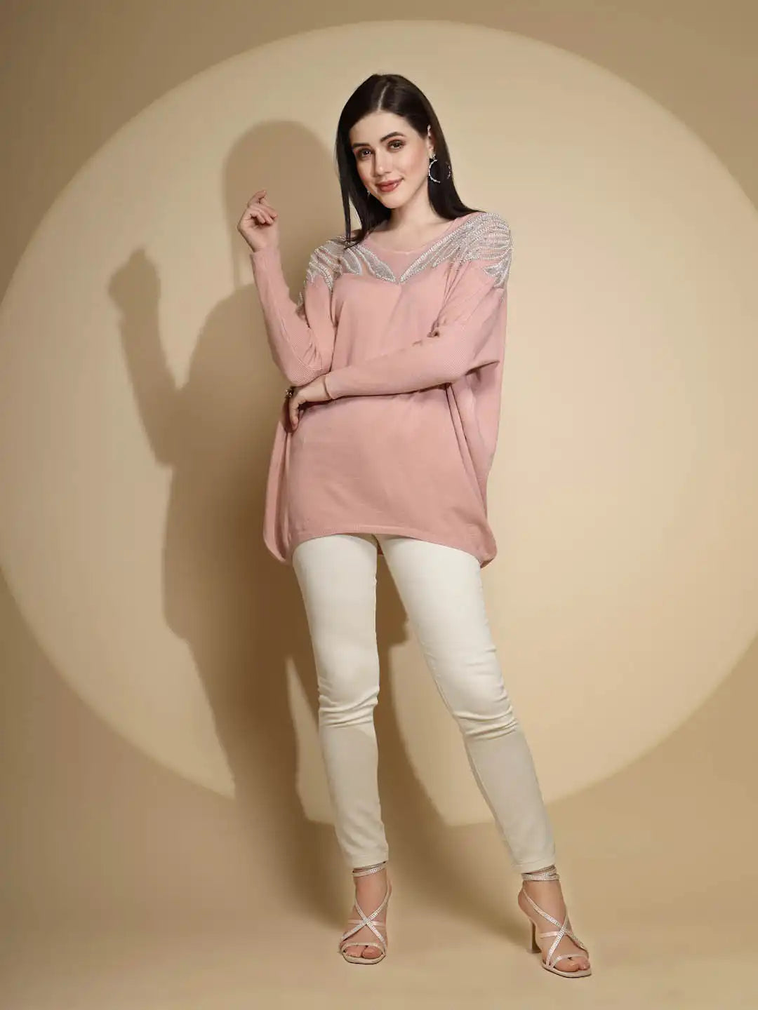 Pink Embellished Full Sleeve Round Neck Nylon Pullover Sweater