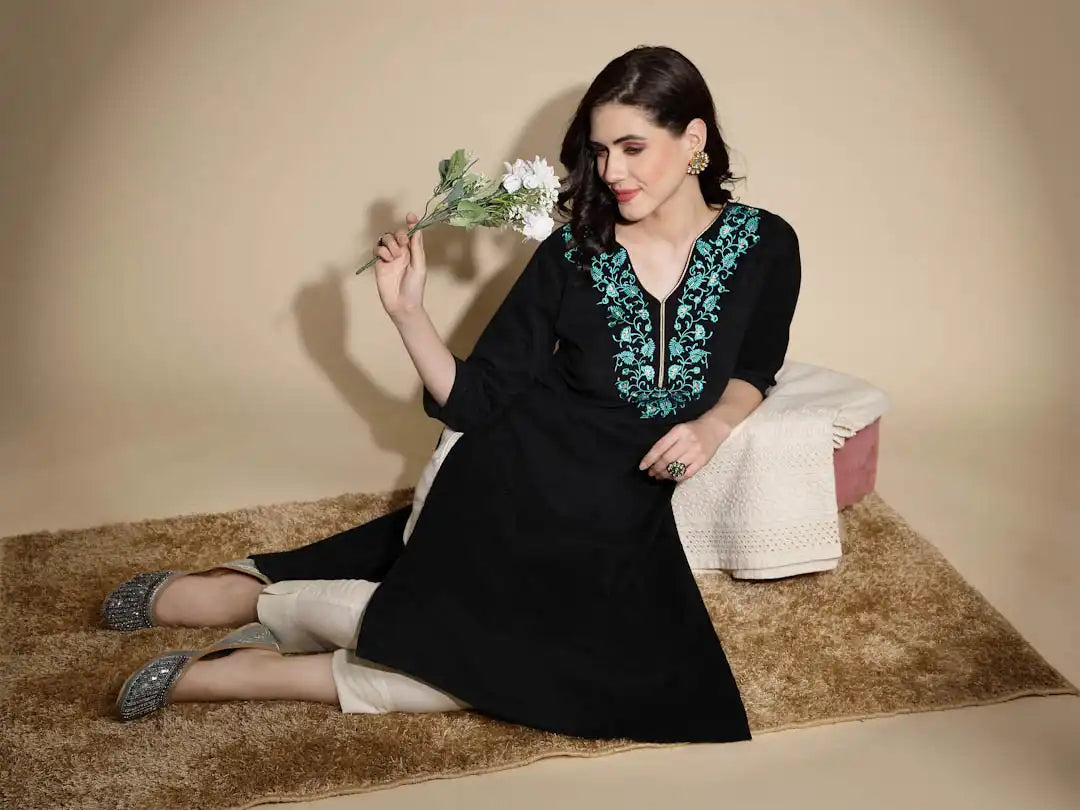 Black Embroidered Woolen Kurta - Global Republic