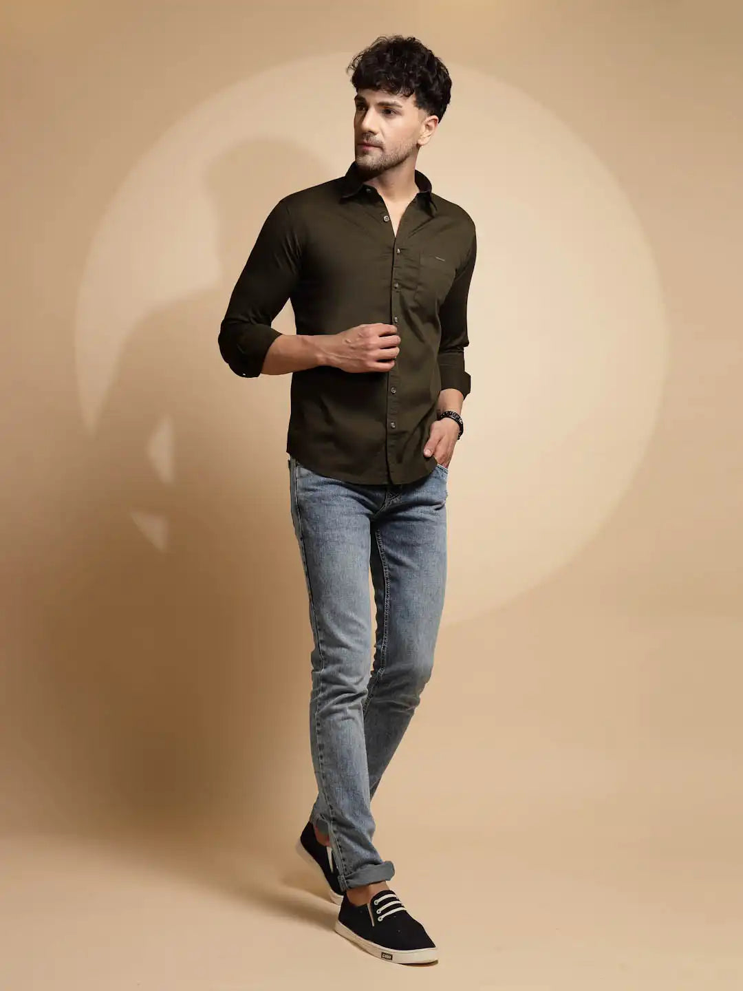 Olive Solid Full Sleeve Collared Neck Cotton Blend Shirt - Global Republic