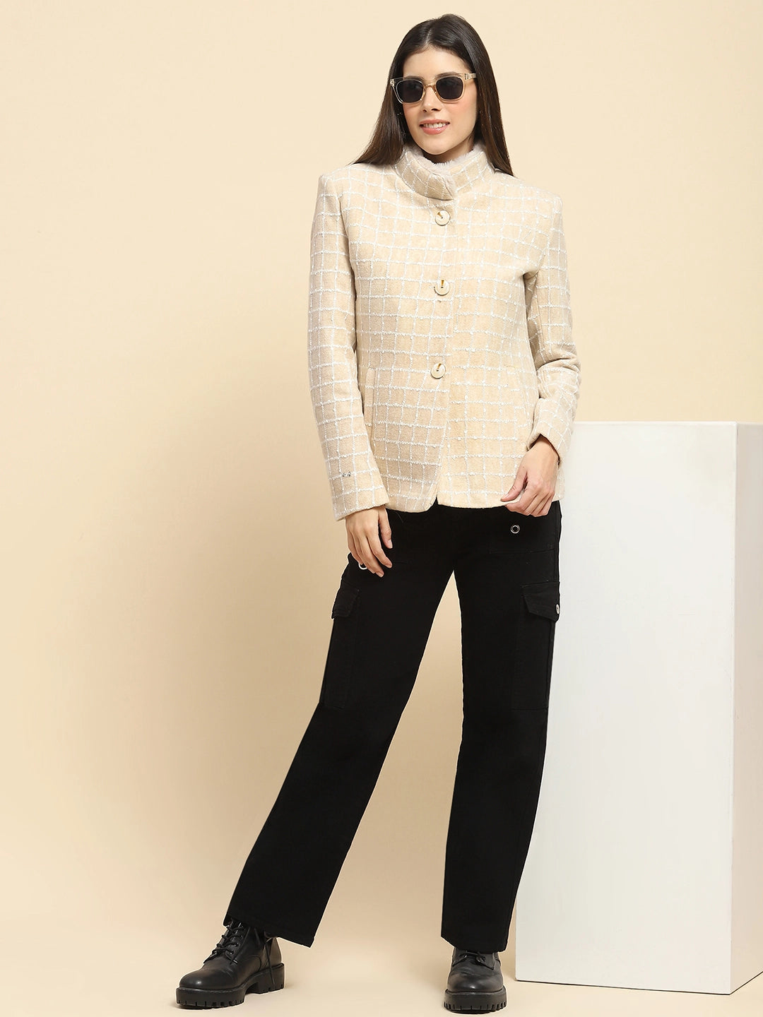 Beige Acrylic Check Winter Coat - Global Republic