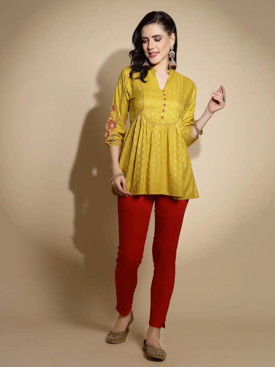Mustard Embroidered Three Quarter Sleeves Mandarin Collar Tunic - Global Republic
