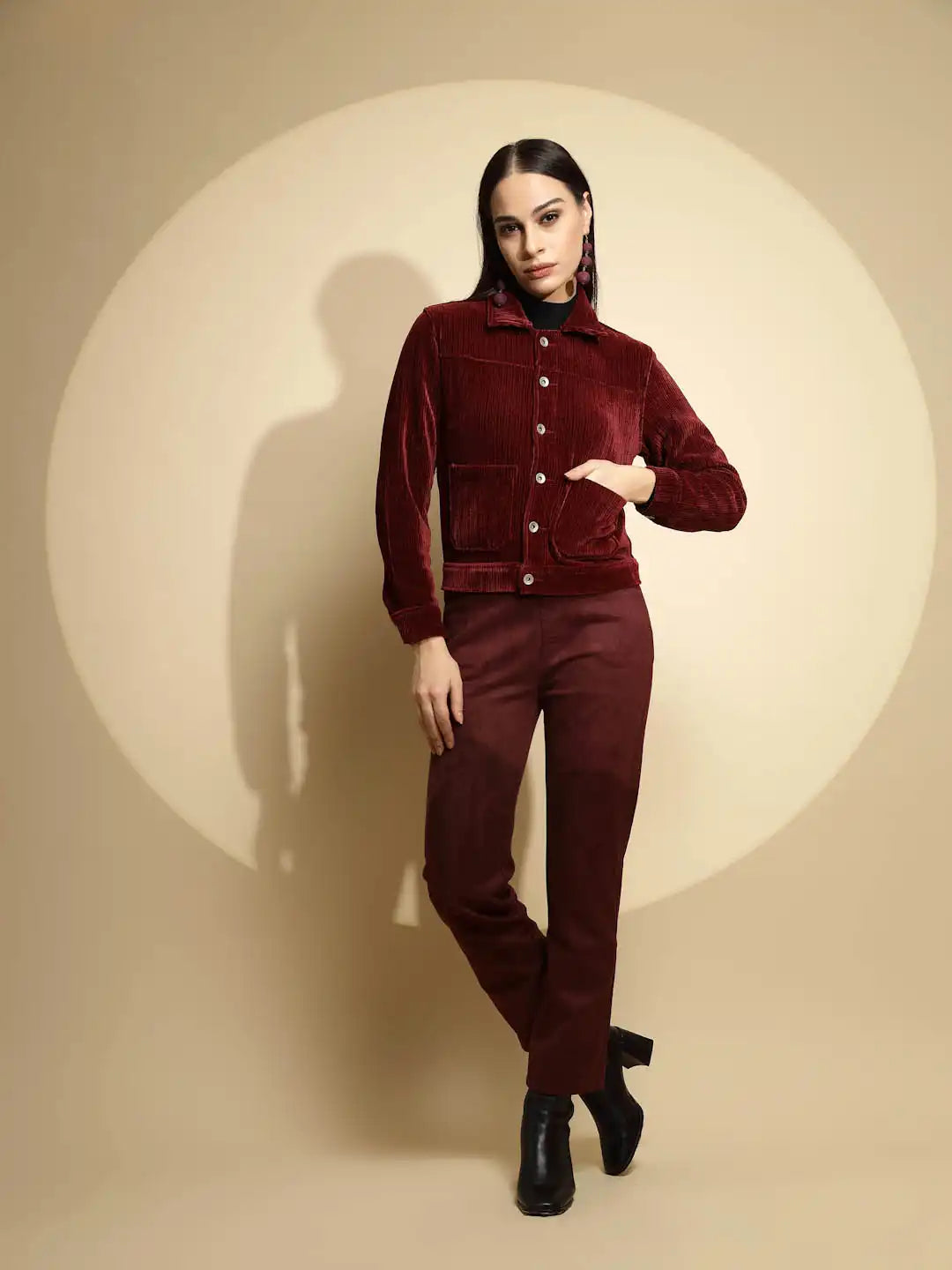 Maroon Solid Corduroy Suede Jacket - Global Republic