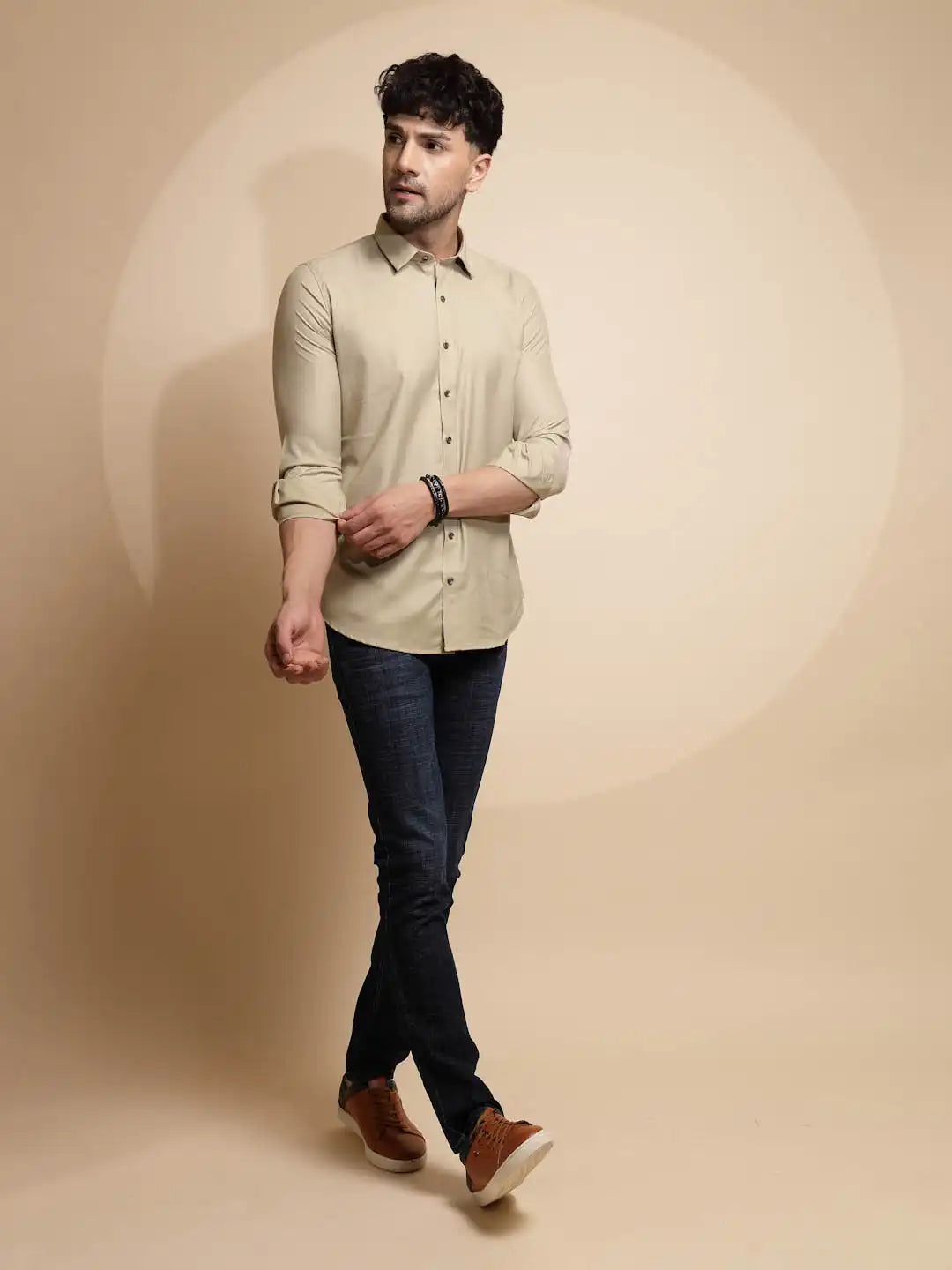 Beige Solid Full Sleeve Collared Neck Cotton Blend Shirt - Global Republic