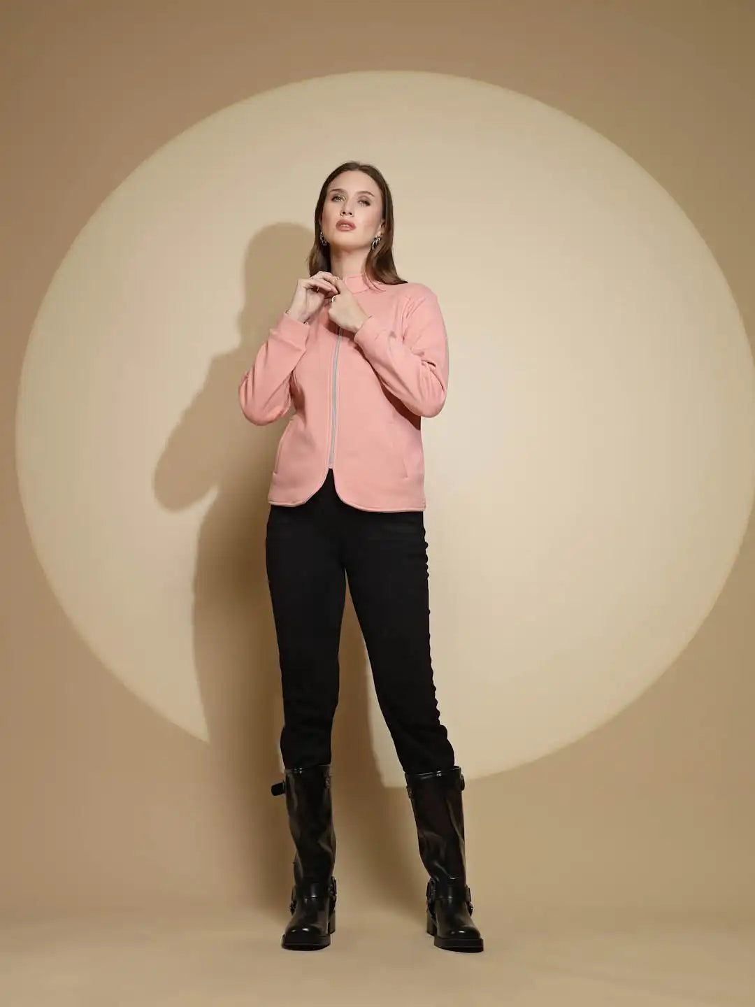 Peach Solid Full Sleeve Turtle Neck Fleece Sweatshirt - Global Republic