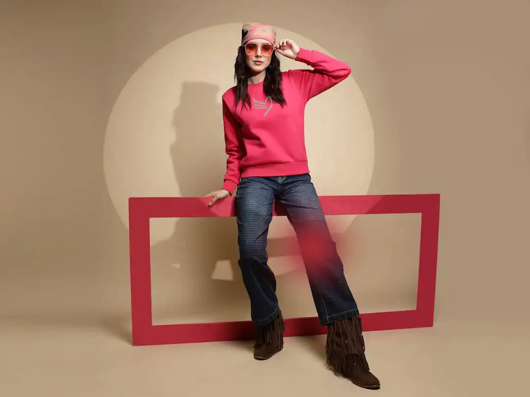 Pink Solid Round Neck Sweatshirt - Global Republic